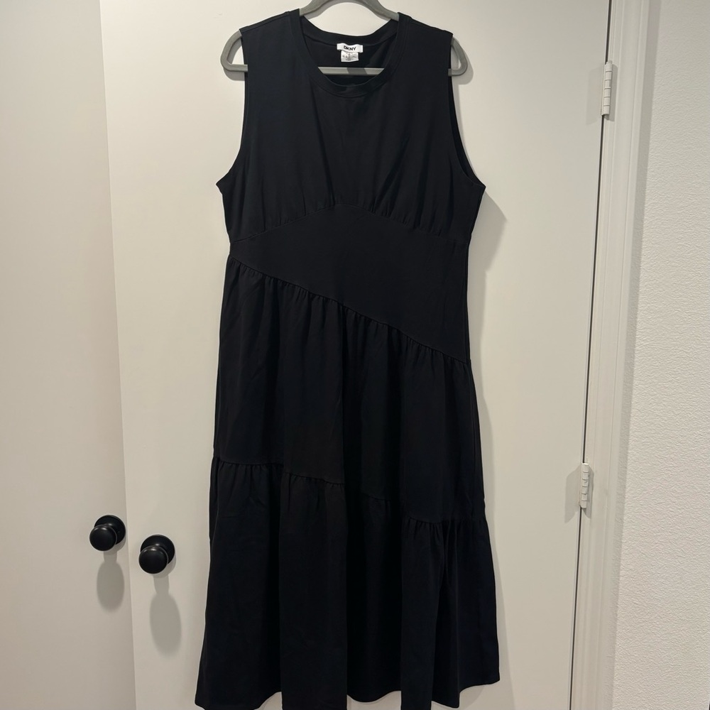 DKNY Black Tiered Stretch Cotton Maxi Dress XL